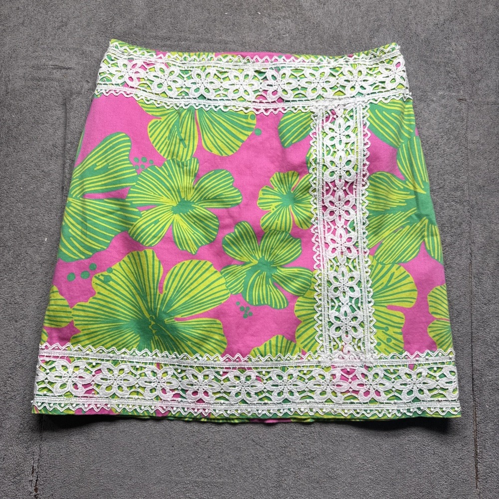Lilly Pulitzer Pink Green Floral White Lace‎ Skirt 6 Coastal Grandmillennial